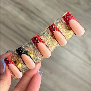 Long square press on nails black red French tip rhinestones handmade custom